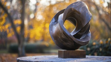 A park's weathered wooden sculpture depicts art, nature, and conservation amid blurred foliage backdrop.
