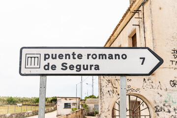 Puente Romano de Segura - traffic signpost near Piedras Albas pointing the way and distance to the Roman bridge of Segura, municipality of Idanha-a-Nova, Castelo Branco, Portugal - 746127162
