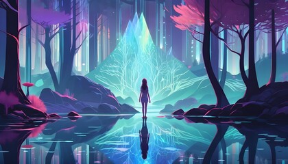 Low poly lake forest landscape with a female young person silhouette 