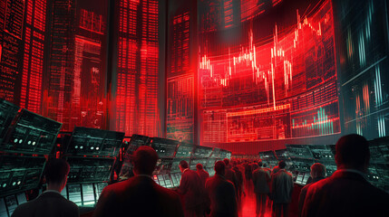 Busy stock market environment with detailed screens of market data, trading information, financial analysis, and stock exchange concept in action