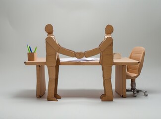 two business people shaking hands at their desk, in the style of cardboard