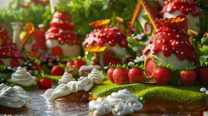 Fototapeta premium Nice and cute caramel fantasy and dream village. Yogurt lakes, raspberry and strawberry flowers and all the houses are made of cakes. 