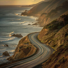 Scenic Sunset View of Pacific Coast Highway Winding Along the California Coastline