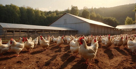 Poultry ranch. Beautiful natural portrait of chickens on a rural farm. Free range chicken. Pasture raised chicken. Organic chicken farm showing free range chickens roaming freely on the land - obrazy, fototapety, plakaty