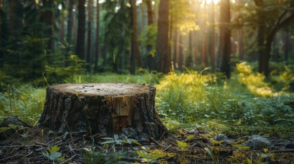 Fragmented old stump in a clearing, symbolizing deforestation and the urgent need for woodland...