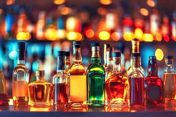 Bottles of various alcoholic beverages on the bar counter in the restaurant - obrazy, fototapety, plakaty