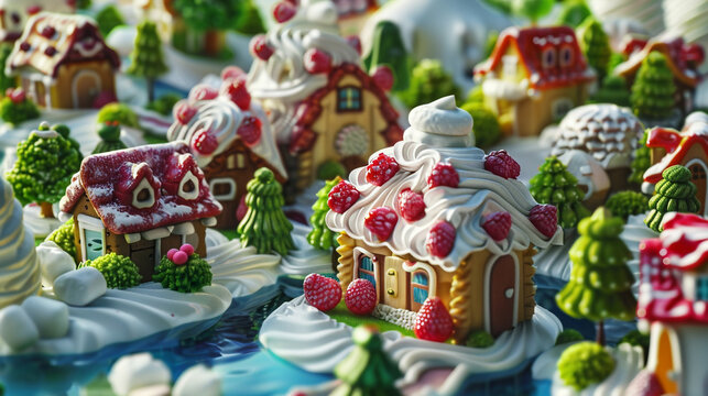 Nice and cute caramel fantasy and dream village. Yogurt lakes, raspberry and strawberry flowers and all the houses are made of cakes.
