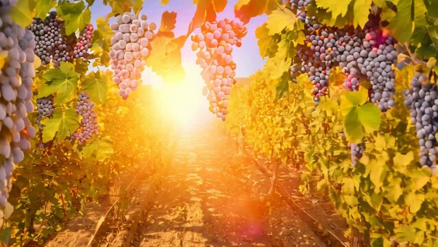 Picturesque seasonal background in vineyard at sunset. Red grapes hanging in vineyard in Stellenbosch near Cape Town, South Africa. Branch of grapes ready for harvest.