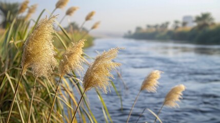 Papyrus reeds along the Nile, once used for ancient Egyptian scrolls, now part of wetland conservation efforts, set against a blurred river backdrop.