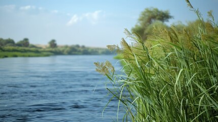 Fototapeta na wymiar Papyrus reeds along the Nile, now part of conservation, blend with the blurred river backdrop.
