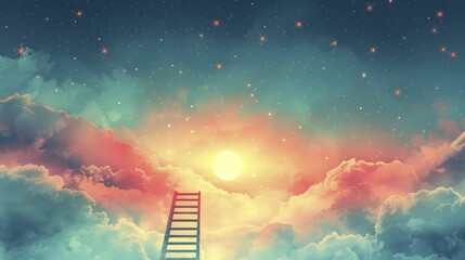 Retro flat design of a ladder reaching up to the stars, set against a dreamy pastel night sky, representing ambition and achieving dreams.
