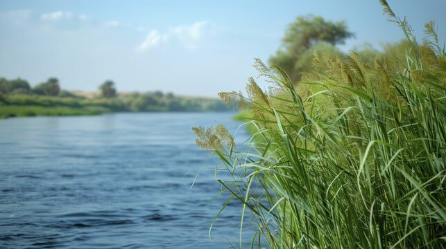 Papyrus reeds along the Nile, now part of conservation, blend with the blurred river backdrop.