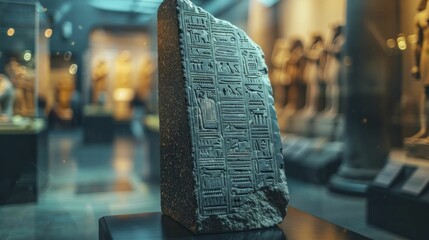 The ancient discovery of the Rosetta Stone illuminated past cultures amid a hazy museum backdrop. - obrazy, fototapety, plakaty