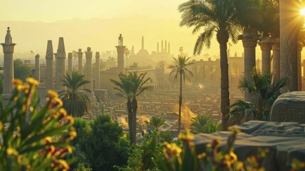 Fototapeta premium The ancient columns at the Temple of Karnak blend culture and nature in a blurred temple setting.