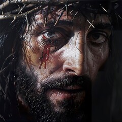 Close-up of representation of Jesus Christ with crown of thorns and bleeding in pain and suffering. Illustration of the moment of pain before the imminent crucifixion.