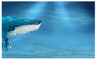 Fototapeta premium Illustration of blue whale at the bottom of the sea