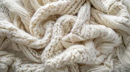 Top view of a chunky knit blanket in a warm, inviting cream color, highlighting the thick, plush loops and weaves.