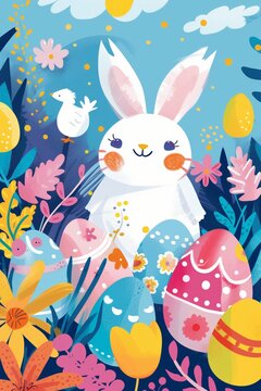 A magical illustration of a white bunny surrounded by Easter eggs and a chick in a lush green meadow, evoking the wonder of spring. Creative postcard