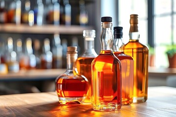 Bottles of whiskey, cognac, brandy on a table in a pub or restaurant close-up