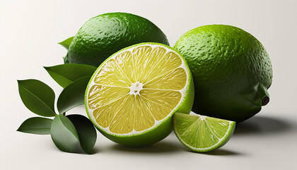 Fresh green limes fruits white background, HD realistic wallpaper image AI Generated art