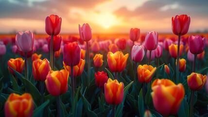 Field of blooming tulips landscape