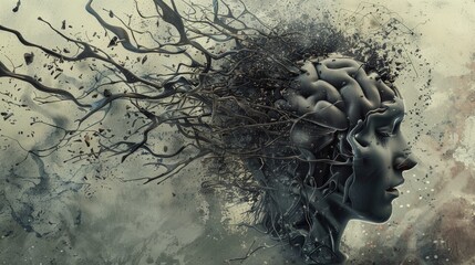A brain stretched by springs and torn in various directions, symbolizing the concept of a mind being blown