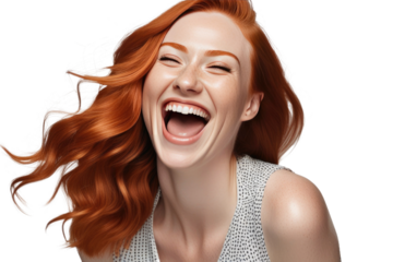 A high quality stock photograph of a happy young ginger woman laughs and screams with joy isolated on white or transparant background