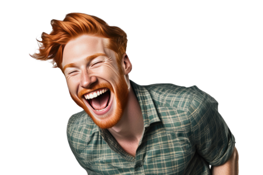 A high quality stock photograph of a happy young ginger man laughs and screams with joy isolated on white or transparant background