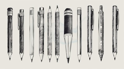 A vector set featuring a collection of pencils drawn in a doodle style - obrazy, fototapety, plakaty