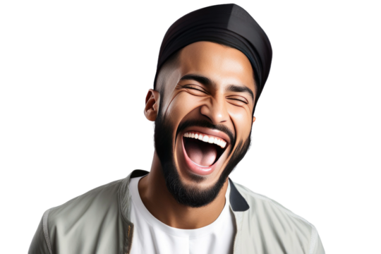A high quality stock photograph of a happy young islam husband laughs and screams with joy isolated on white or transparant background