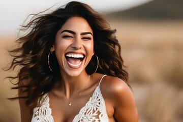 A high quality stock photograph of a happy young latina woman laughs and screams with joy isolated on white or transparant background - obrazy, fototapety, plakaty