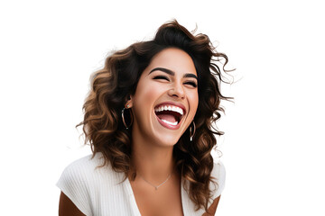 A high quality stock photograph of a happy young latina woman laughs and screams with joy isolated on white or transparant background - obrazy, fototapety, plakaty