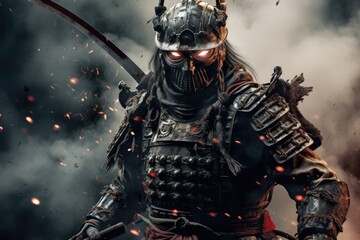 Fototapeta premium Samurai Fury: The midst of battle, a badass samurai dons full body armor, fierce and fearless, attacking with a katana amidst swirling smoke and intense flames, embodying the spirit of ancient Japan