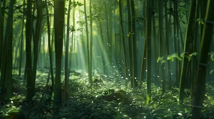 Zelfklevend Fotobehang Tilt-Shift Anime Scene of Bamboo Forest with Sunlight and Shadows © CommerceAI