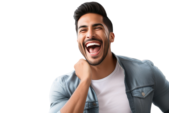 A high quality stock photograph of a happy young latino husband laughs and screams with joy isolated on white or transparant background