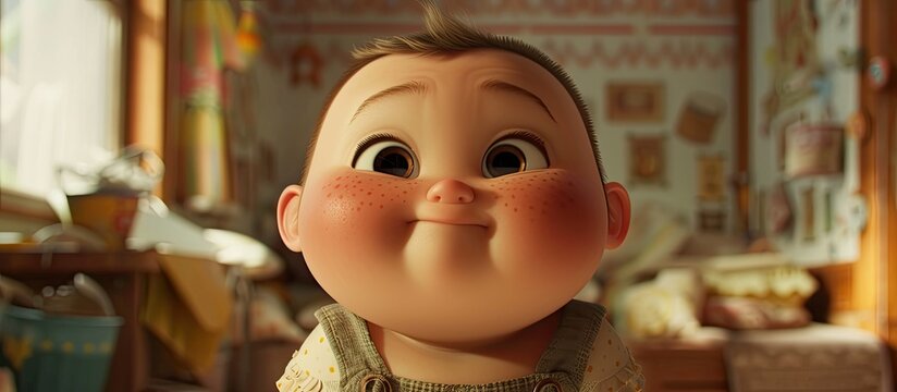A close-up view of a childs face in a room, showcasing chubby cheeks and innocence. The childs expression is engaging and endearing.