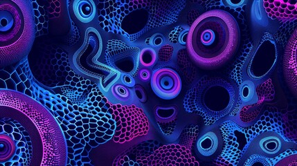 A wild, psychedelic neon blue and violet pattern, capturing the essence of vaporwave style. This abstract vector background mesmerizes with its 3D torus shape. - obrazy, fototapety, plakaty
