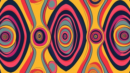 An eccentric and vibrant psychedelic pattern in the googie style, presenting an abstract vector background with a mesmerizing 3D torus shape. - obrazy, fototapety, plakaty