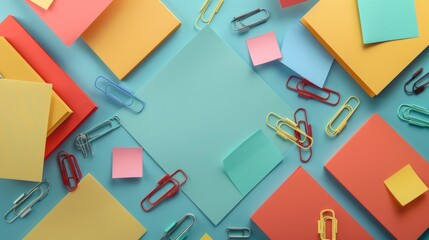 Various sheets of note papers adorned with colorful paper clips