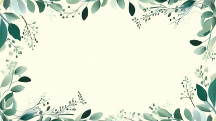 Watercolor floral frame border with green leaves, branches and elements