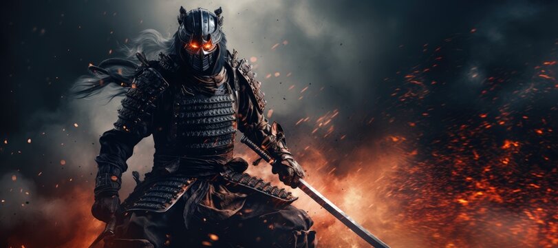 Samurai Fury: The midst of battle, a badass samurai dons full body armor, fierce and fearless, attacking with a katana amidst swirling smoke and intense flames, embodying the spirit of ancient Japan