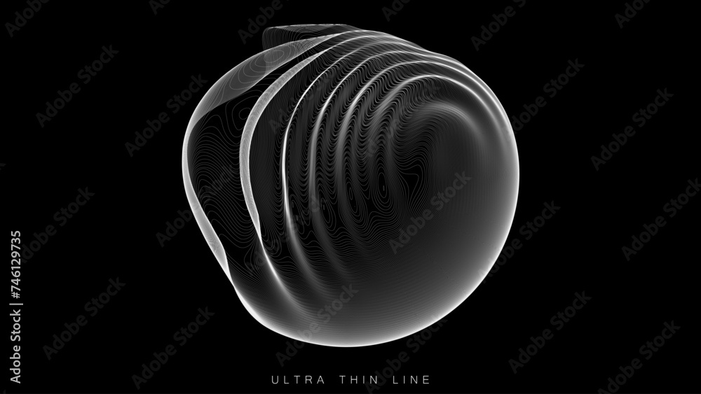 Poster ultra thin line fluid geometry. dynamic vector distorted spheres.