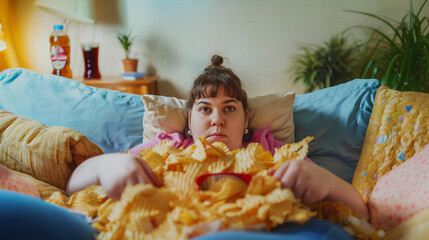 Overweight woman with a bag of chips and a drink sitting in an armchair and watching television.