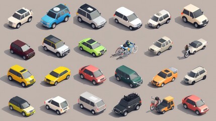 High-quality flat 3D isometric icon set featuring various city transport vehicles, including buses, sedans, vans, cargo trucks, bikes, and sport cars, catering to urban public