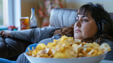 Overweight woman with a bag of chips and a drink sitting in an armchair and watching television.