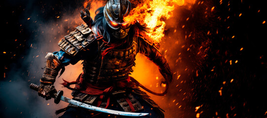 Fototapeta na wymiar Samurai Fury: The midst of battle, a badass samurai dons full body armor, fierce and fearless, attacking with a katana amidst swirling smoke and intense flames, embodying the spirit of ancient Japan