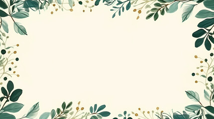 Watercolor floral frame border with green leaves, branches and elements