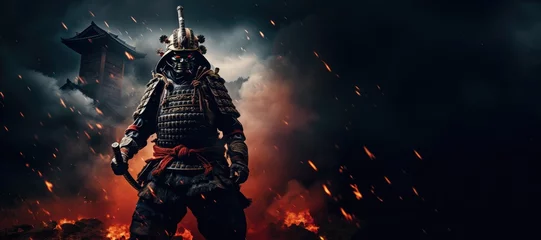 Photo sur Plexiglas Feu Samurai Fury: The midst of battle, a badass samurai dons full body armor, fierce and fearless, attacking with a katana amidst swirling smoke and intense flames, embodying the spirit of ancient Japan