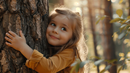 A Little Girl Hugging a Tree in the Forest: Nature Lover, Sustainability, and Future Concept
