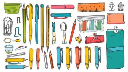 Vector doodle illustration of a hand-drawn stationery set, featuring various school accessories and supplies. Composition includes pencils, pens, markers, brushes, styluses, highlighters, and cutters